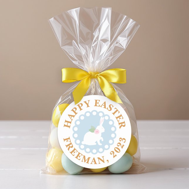 Redonda Pegatina de conejo de Pascua feliz - Nombre de fam (Favor Sticker)