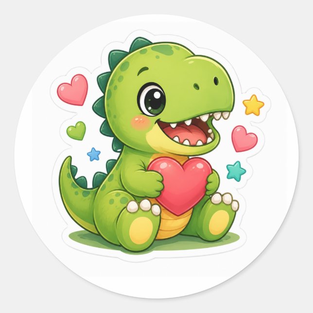 Redonda Pegatina de corazón de dinosaurio bebé lindo (Anverso)
