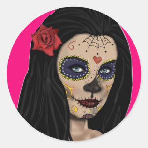 Redonda Pegatina de cráneo de azúcar Chica Día rosado de l