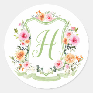 Redonda Pegatina de cresta floral de acuarela con monogram