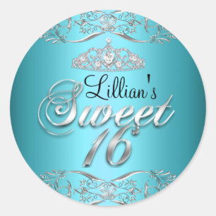 Redonda Pegatina de Cumpleaños 16 Azul Negro Damasco & Tia