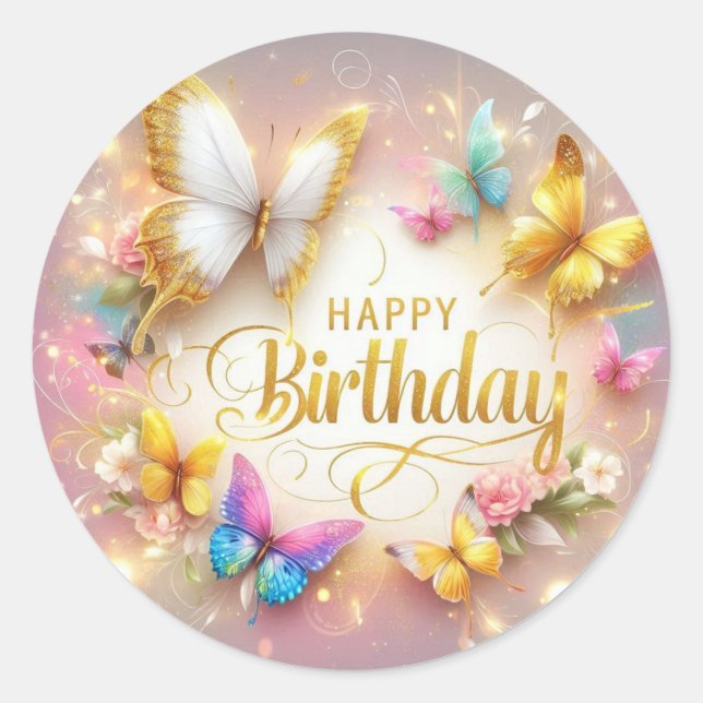 Redonda Pegatina de cumpleaños con diseño de mariposa  (Anverso)