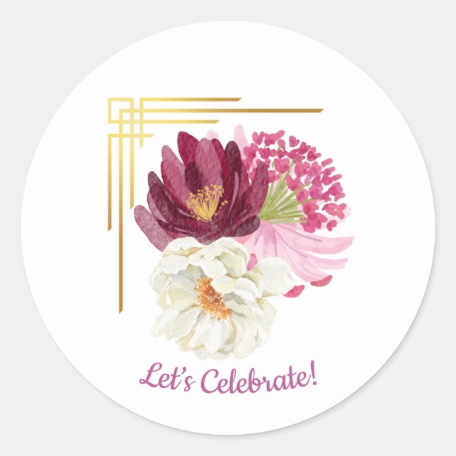 Redonda Pegatina de cumpleaños de acuarela floral elegante (Anverso)