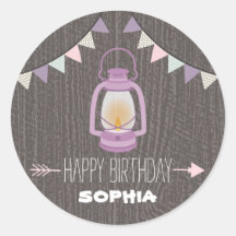 Pegatina de cumpleaños de Camping Purple Lantern