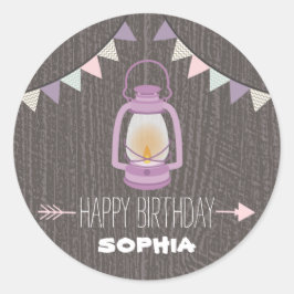 Redonda Pegatina de cumpleaños de Camping Purple Lantern