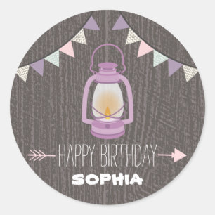 Redonda Pegatina de cumpleaños de Camping Purple Lantern