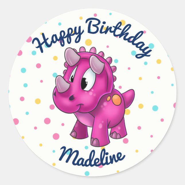 Redonda Pegatina de cumpleaños de Cute Pink Dinosaur Polka (Anverso)