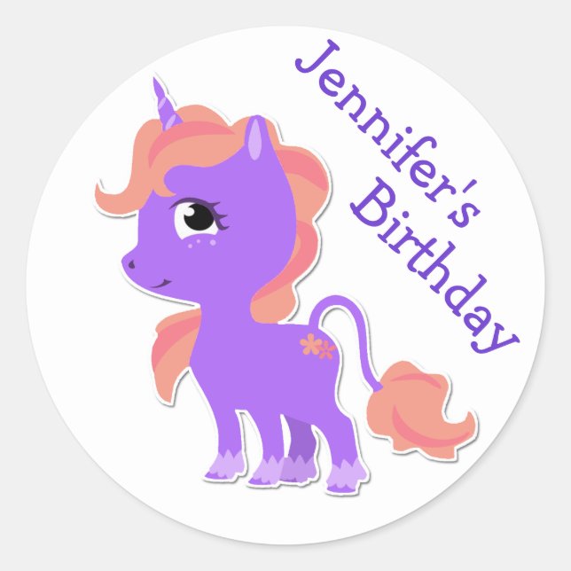 Redonda Pegatina de cumpleaños de Cute Purple Unicorn (Anverso)