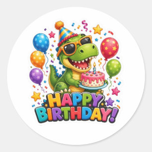 Redonda Pegatina de cumpleaños de dinosaurio lindo fiesta