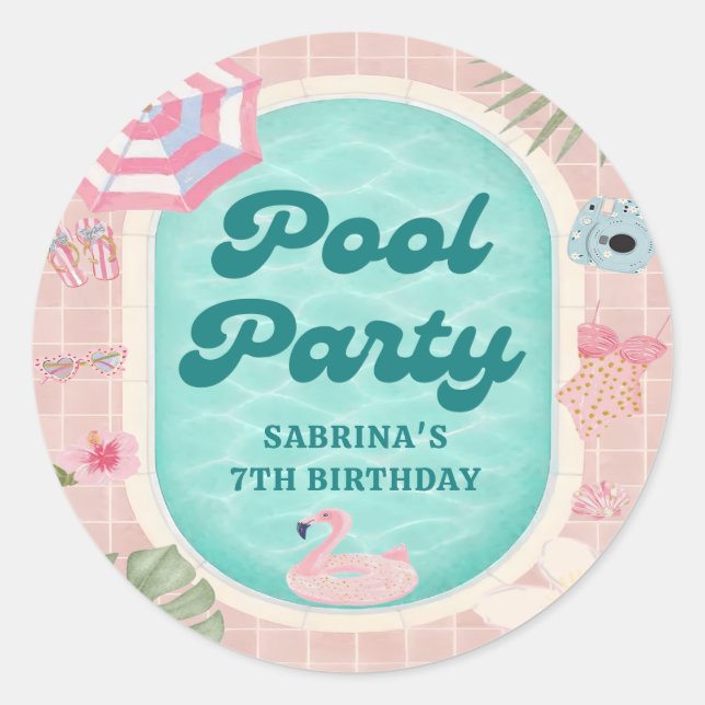 Redonda Pegatina de cumpleaños de fiesta en la piscina de  (Anverso)