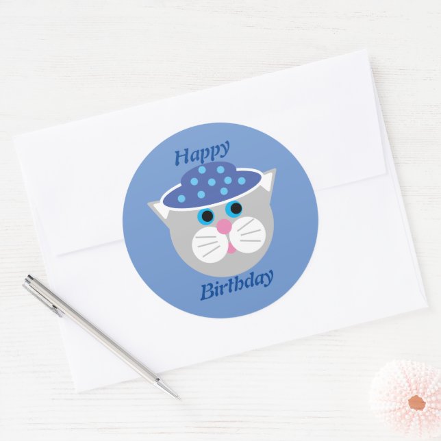 Redonda Pegatina de cumpleaños de gato de dibujos animados (Sobre)