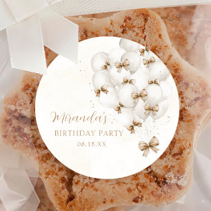 Redonda Pegatina de cumpleaños de globos con lazo beige