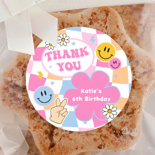 Redonda Pegatina de cumpleaños de Happy Face Smile Groovy 