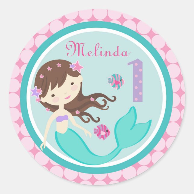Redonda Pegatina de cumpleaños de la sirena de brunette Li (Anverso)