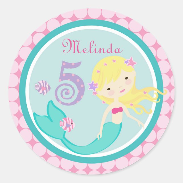 Redonda Pegatina de cumpleaños de la sirena rubia de cinco (Anverso)