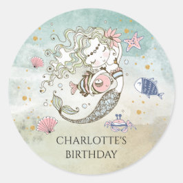 Redonda Pegatina de cumpleaños de Mermaid Watercolor