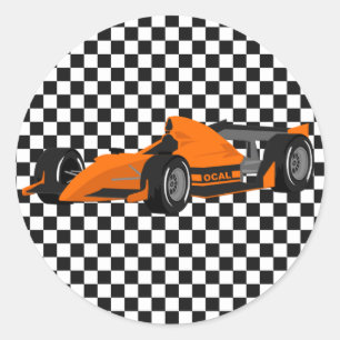 Redonda Pegatina de cumpleaños de naranja Race Car