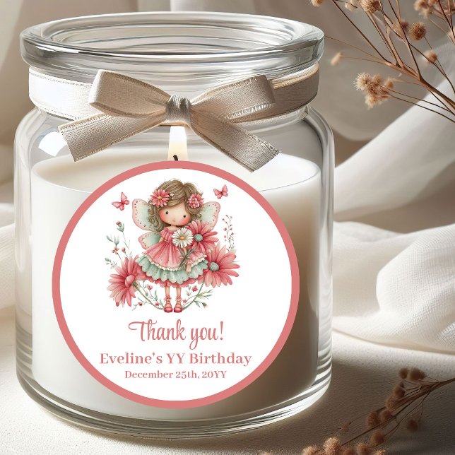 Redonda Pegatina de cumpleaños de niña con flores rosadas  (Cute Whimsy Fairy Pink Flowers Girl Birthday Stickers)