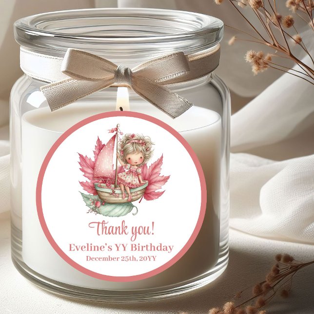 Redonda Pegatina de cumpleaños de niña de flores de hada r (Whimsical Pink Fairy Flowers Girl Birthday Stickers)