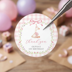 Redonda Pegatina de cumpleaños de niña de gingham rosa Sil