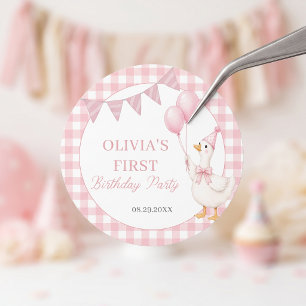 Redonda Pegatina de cumpleaños de niña de gingham rosa Sil