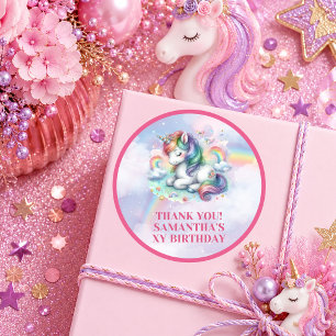 Redonda Pegatina de cumpleaños de niña unicornio mágico ro