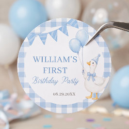 Redonda Pegatina de cumpleaños de niño de gingham azul Sil