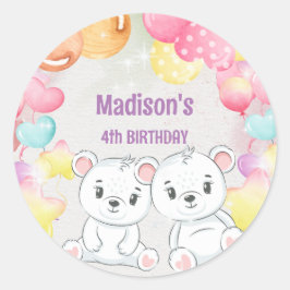 Redonda pegatina de cumpleaños de oso de peluche blanco