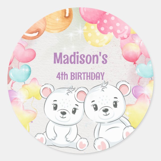 Redonda pegatina de cumpleaños de oso de peluche blanco (Anverso)