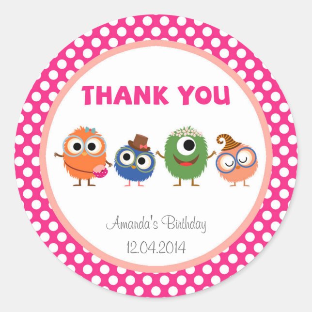 Redonda Pegatina de cumpleaños de pequeños monstruos (Anverso)