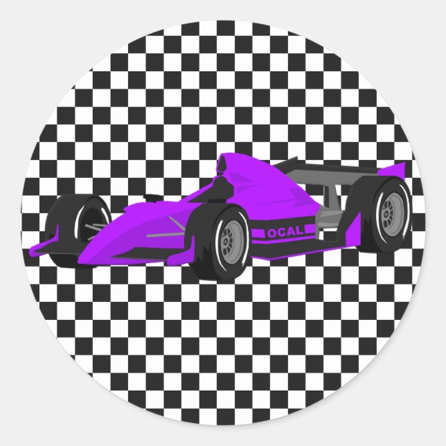 Redonda Pegatina de cumpleaños de Purple Race Car (Anverso)