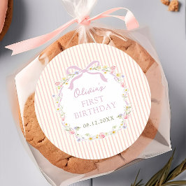 Redonda Pegatina de cumpleaños de rayas florales con lazo 