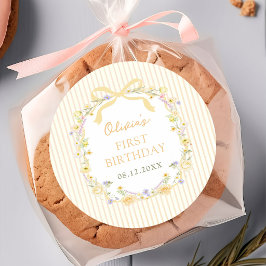 Redonda Pegatina de cumpleaños de rayas florales con lazo 