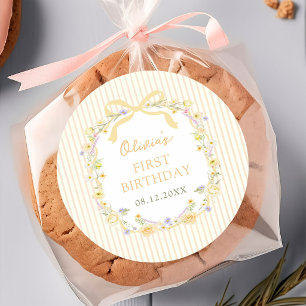 Redonda Pegatina de cumpleaños de rayas florales con lazo