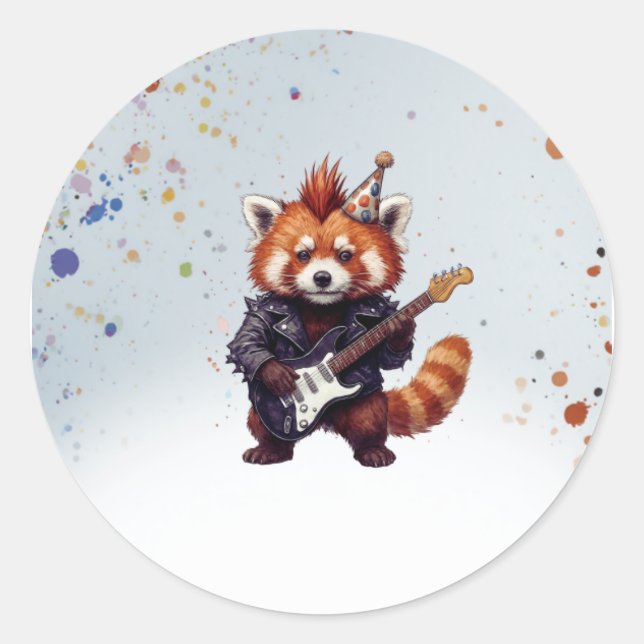 Redonda Pegatina de cumpleaños de Red Panda Rocker (Anverso)