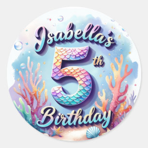 Redonda Pegatina de cumpleaños de sirena: nombre y edad pe