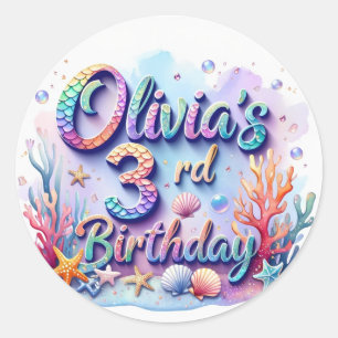 Redonda Pegatina de cumpleaños de sirena: nombre y edad pe