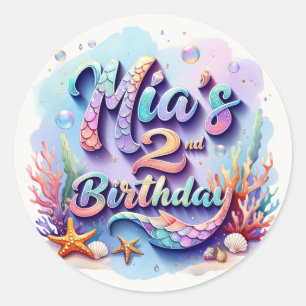 Redonda Pegatina de cumpleaños de sirena: nombre y edad pe