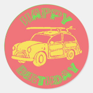 Redonda Pegatina de cumpleaños de Surf Car