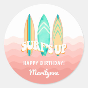 Redonda Pegatina de cumpleaños de tabla de surf Pink Surfs