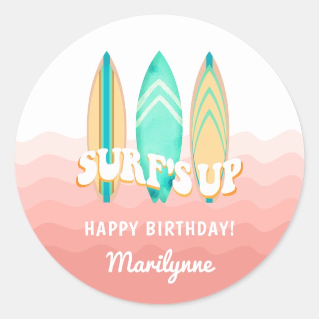 Redonda Pegatina de cumpleaños de tabla de surf Pink Surfs (Anverso)