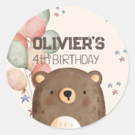 Redonda pegatina de cumpleaños del oso de peluche acuarela