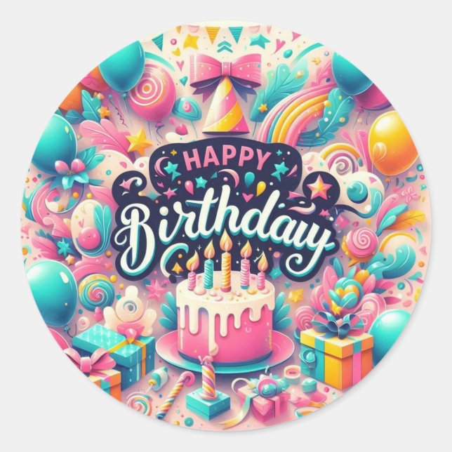 Redonda Pegatina de cumpleaños : Diseño bello y alegre (Anverso)