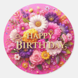 Redonda Pegatina de cumpleaños : Diseño floral rosado