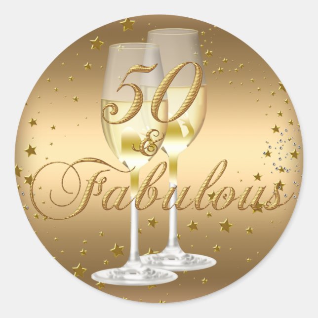 Redonda Pegatina de cumpleaños Gold Sparkle 50 & Fabulous (Anverso)