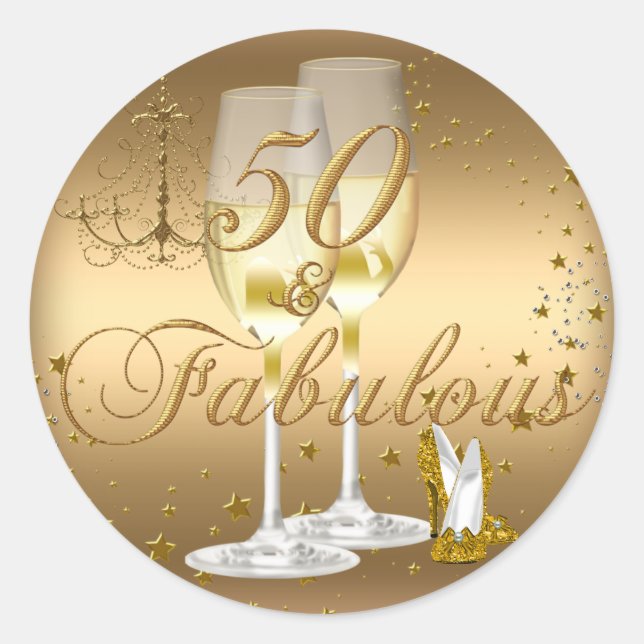 Redonda Pegatina de cumpleaños Gold Sparkle 50 & Fabulous (Anverso)