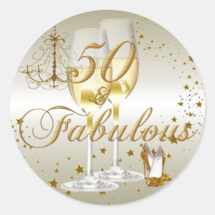Redonda Pegatina de cumpleaños Gold Sparkle 50 y fabuloso