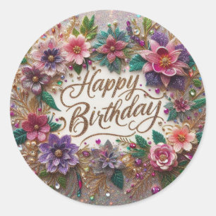 Redonda Pegatina de cumpleaños : Hermoso diseño floral