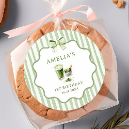 Redonda Pegatina de cumpleaños Matcha con rayas de lazo ve