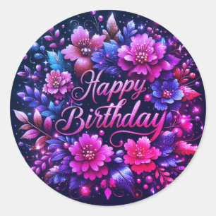 Redonda Pegatina de cumpleaños: mezcla rosa morado floral